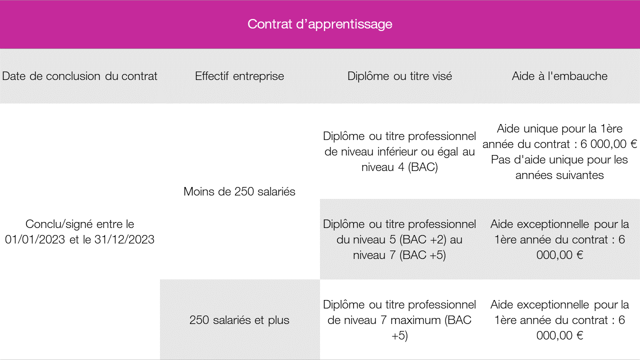 Dispositifs d'aides au contrat d'apprentissage